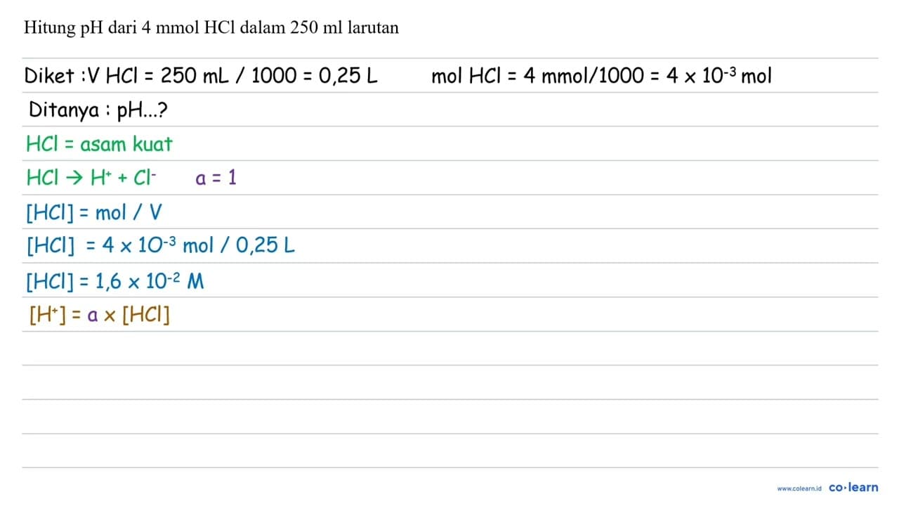 Hitung pH dari 4 mmol HCl dalam 250 ml larutan