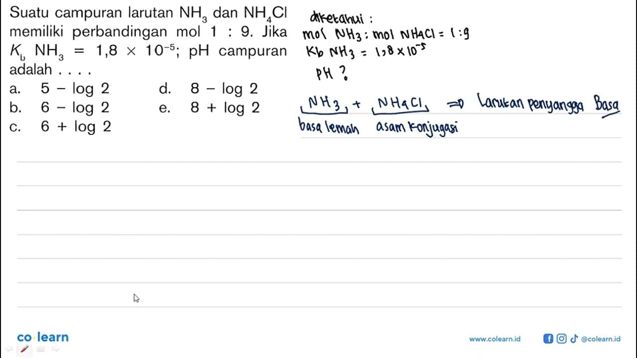 Suatu campuran larutan NH3 dan NH4Cl memiliki perbandingan