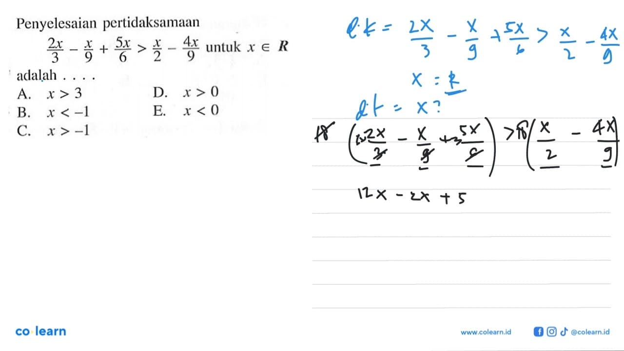 Penyelesaian pertidaksamaan 2x/3 - x/9 + 5x/6 > x/2 - 4x/9