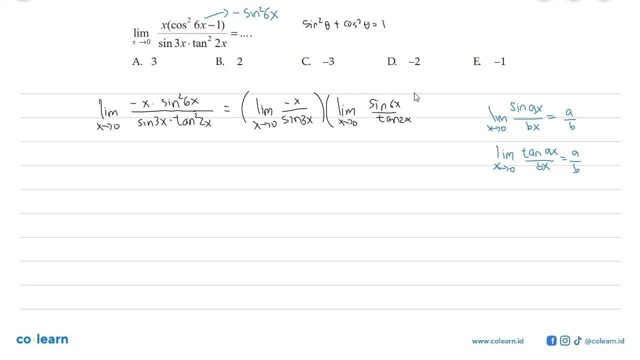 limit x->0 (x(cos^2 6x-1))/(sin 3x . tan^2 2x)=...