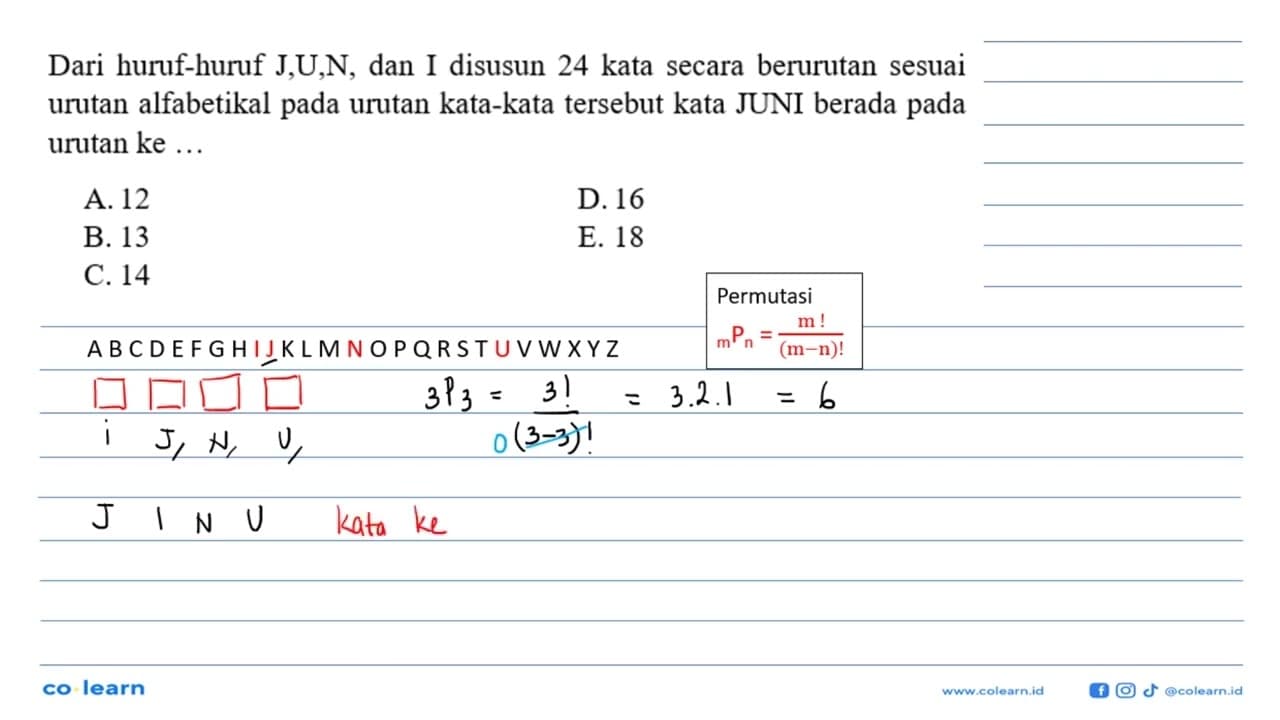 Dari huruf-huruf J, U, N, dan I disusun 24 kata secara