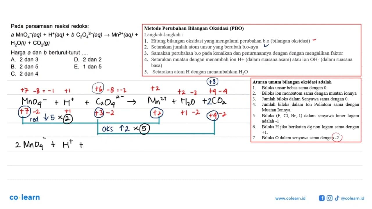 Pada persamaan reaksi redoks:a MnO4^-(aq)+H^+(aq)+b