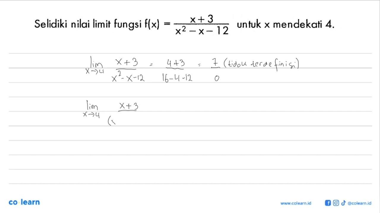 Selidiki nilai limit fungsi f(x)=(x+3)/(x^2-x-12) untuk x