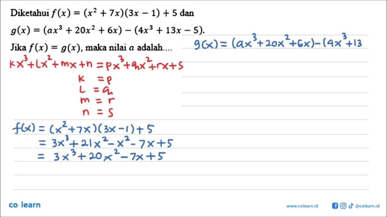 Diketahui f(x)=(x^2+7x)(3x-1)+5 dan