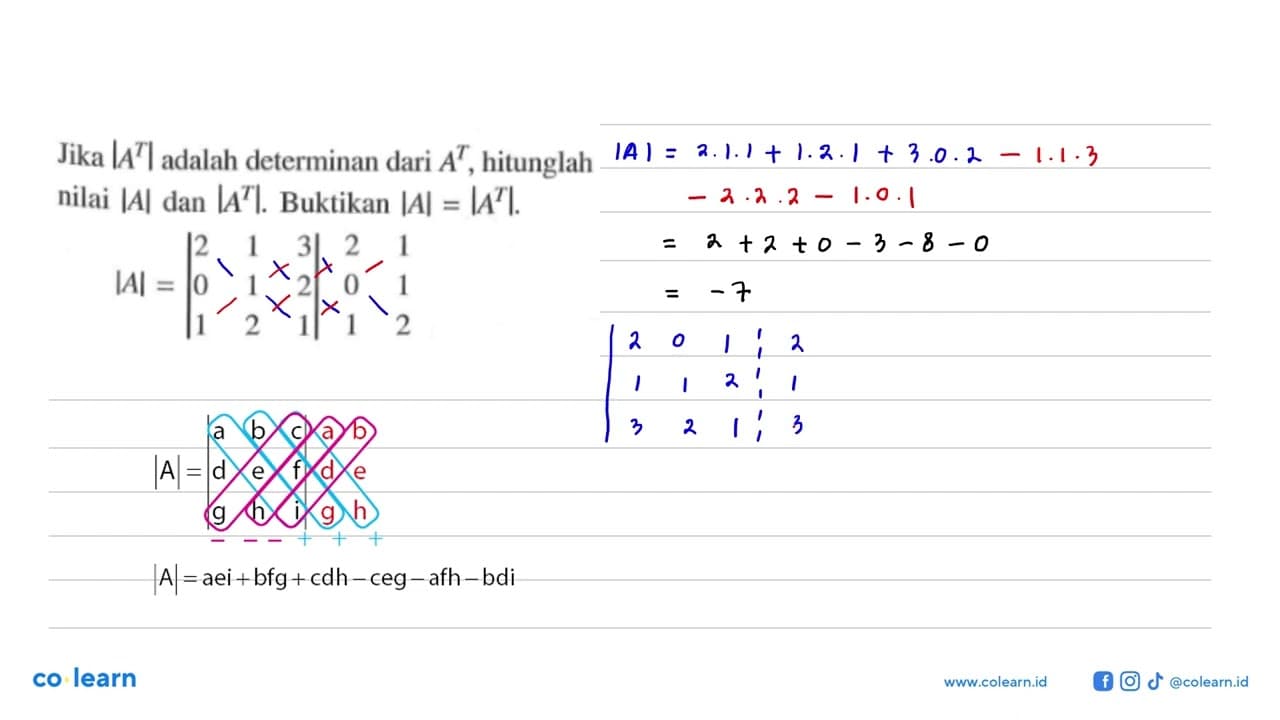 Jika |A^T| adlaah determinan dari A^T, hitunglah nilai |A|