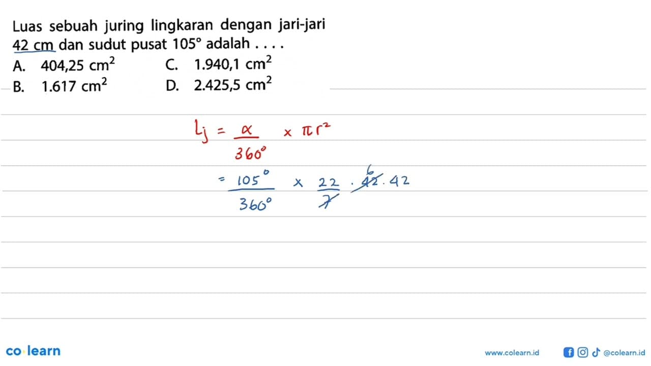 Luas sebuah juring lingkaran dengan jari-jari 42 cm dan