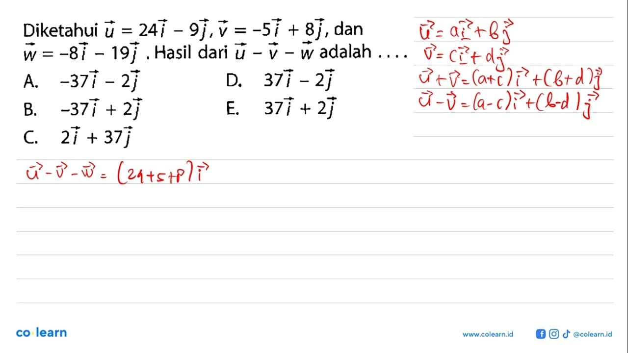 Diketahui vektor u=24i-9j, vektor v=-5i+8j, dan vektor