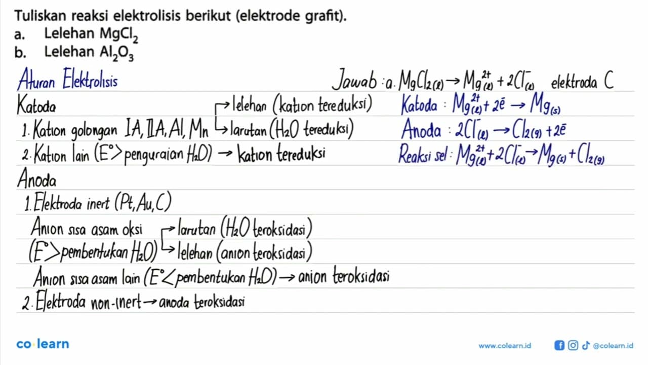 Tuliskan reaksi elektrolisis berikut (elektrode grafit). a.