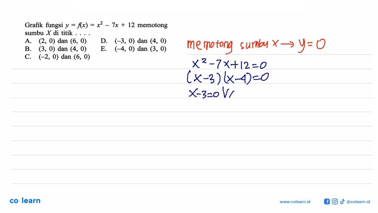 Grafik fungsi y=f(x)=x^2-7x+12 memotong sumbu X di