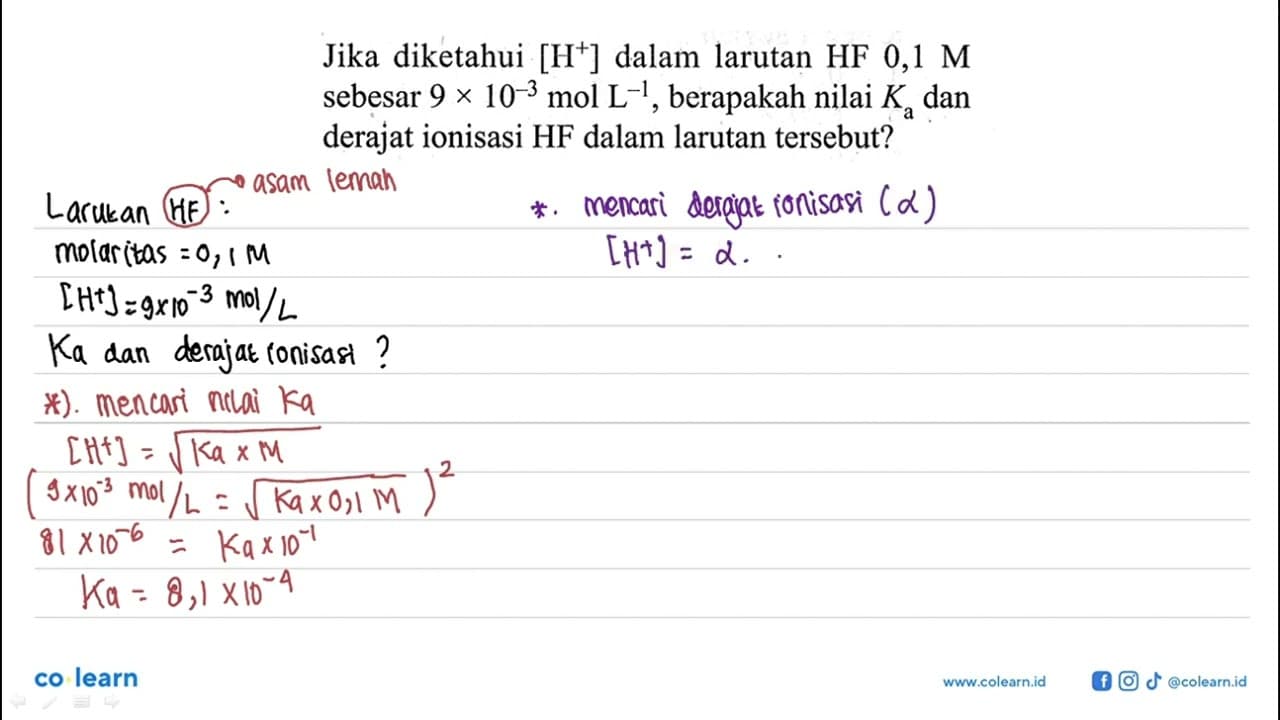 Jika diketahui [H^+] dalam larutan HF 0,1 M sebesar 9 x