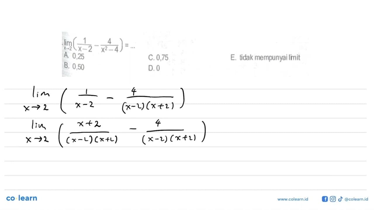 lim x->2 (1/(x-2)-4/(x^2-4))= ....