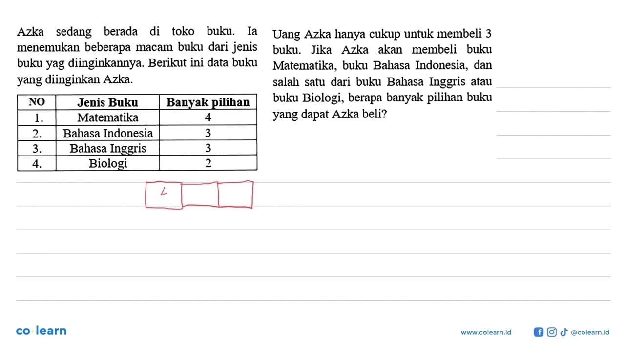 Azka sedang berada di toko buku. Ia Uang Azka hanya cukup