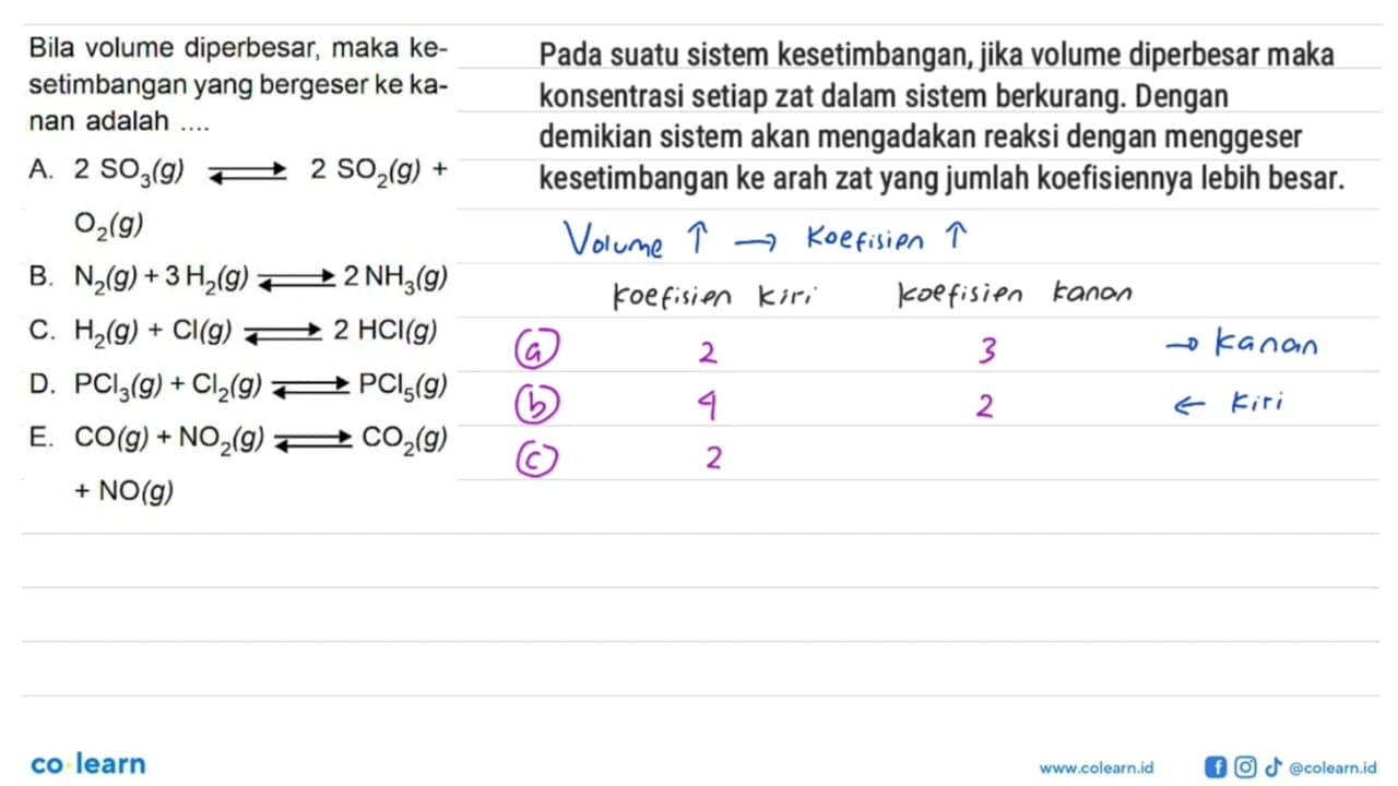 Bila volume diperbesar; maka kesetimbangan yang bergeser ke