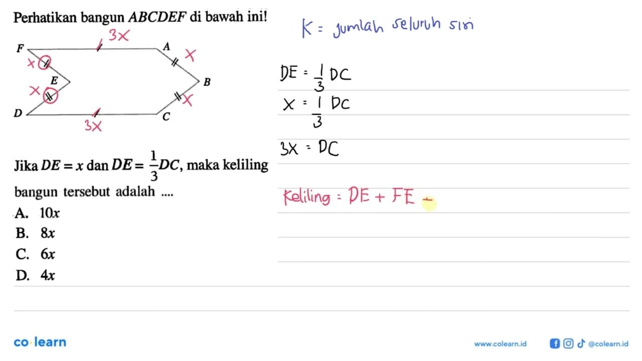 Perhatikan bangun ABCDEF di bawah ini!Jika AF=x dan AF=1/3