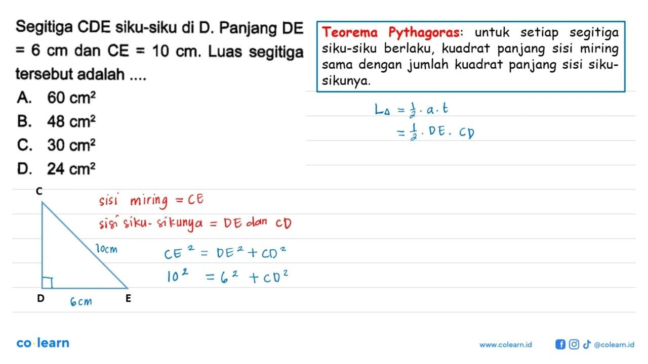 Segitiga CDE siku-siku di D. Panjang DE=6 cm dan CE=10 cm.