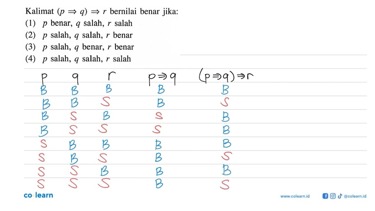 Kalimat (p q) r bernilai benar jika:(1) p benar, q salah, r