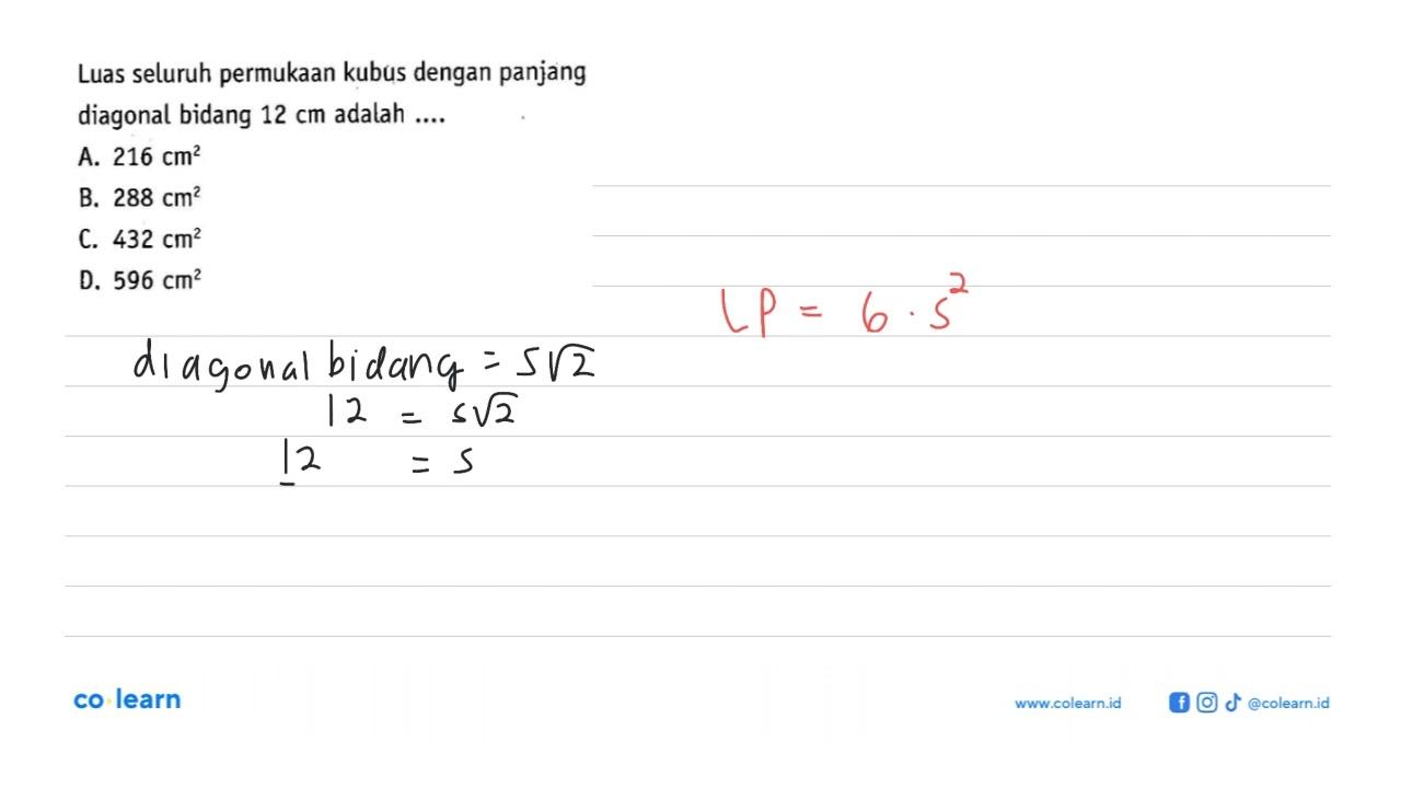 Luas seluruh permukaan kubus dengan panjang diagonal bidang