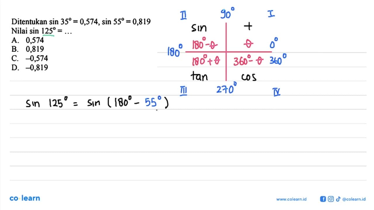 Ditentukan sin 35=0,574, sin 55=0,819 Nilai sin 125= ....
