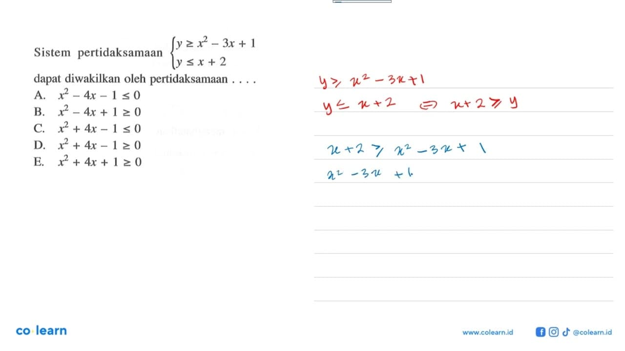 Sistem pertidaksamaan y>=x^2-3x+1 y<=x+2 dapat diwakilkan