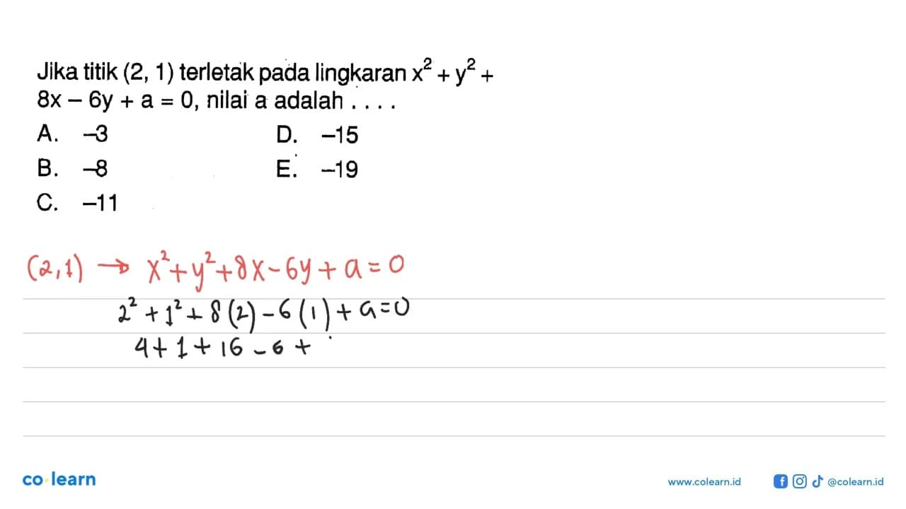 Jika titik (2,1) terletak pada lingkaran x^2+y^2+8x-6y+a=0,