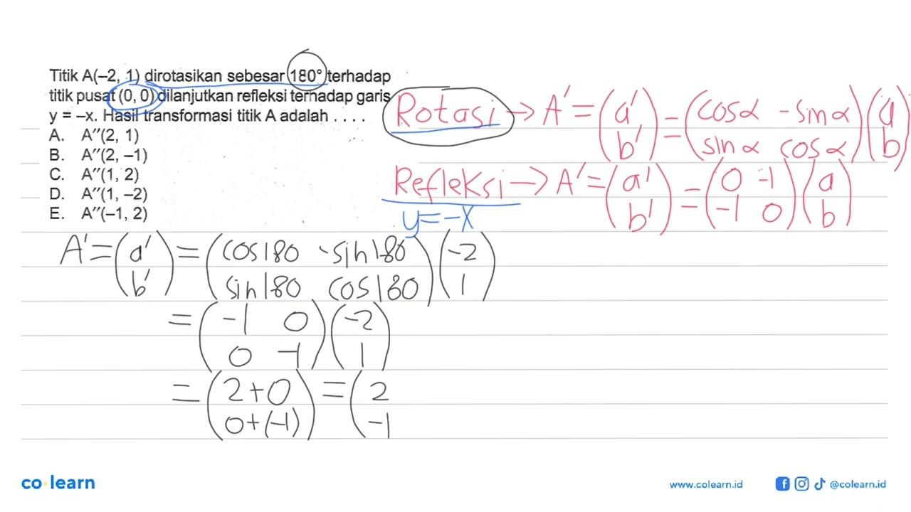 Titik A(-2,1) dirotasikan sebesar 180 terhadap tititk pusat