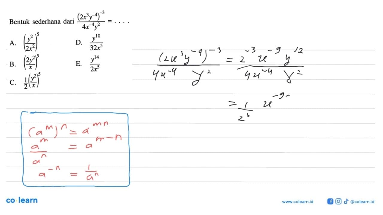 Bentuk sederhana dari (2x^3 y^(-4))^(-3)/(4x^(-4) y^2) =