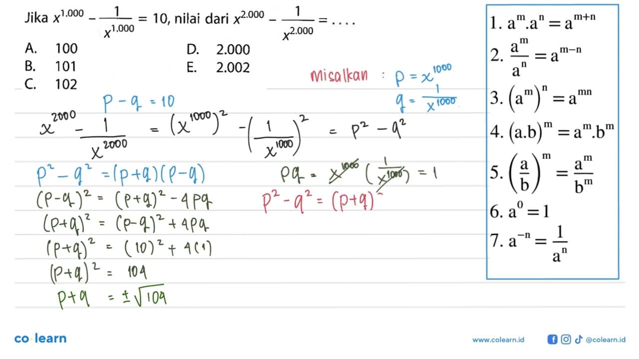 Jika x^(1.000)-(1/x^(1,000))=10 , nilai dari