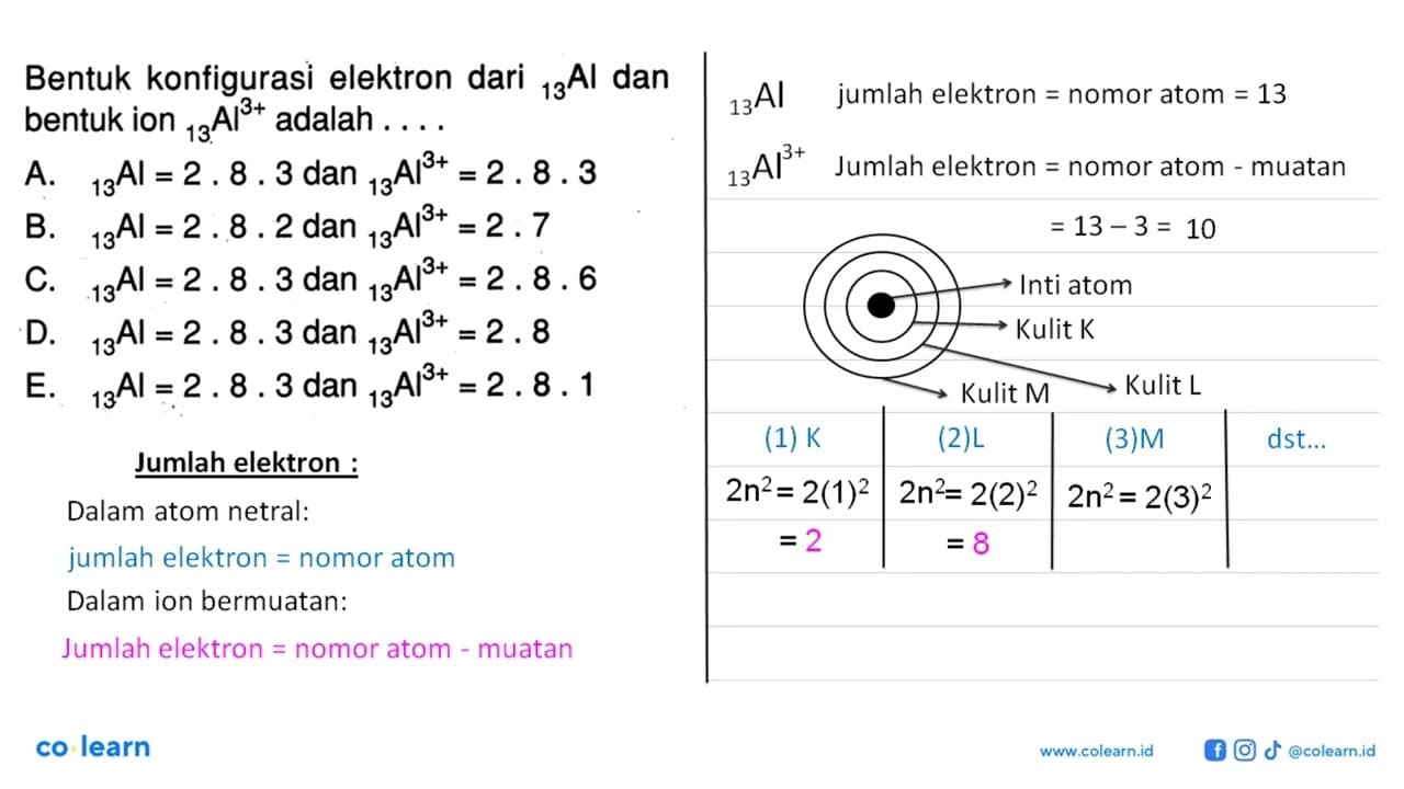 Bentuk konfigurasi elektron dari 13Al dan bentuk ion