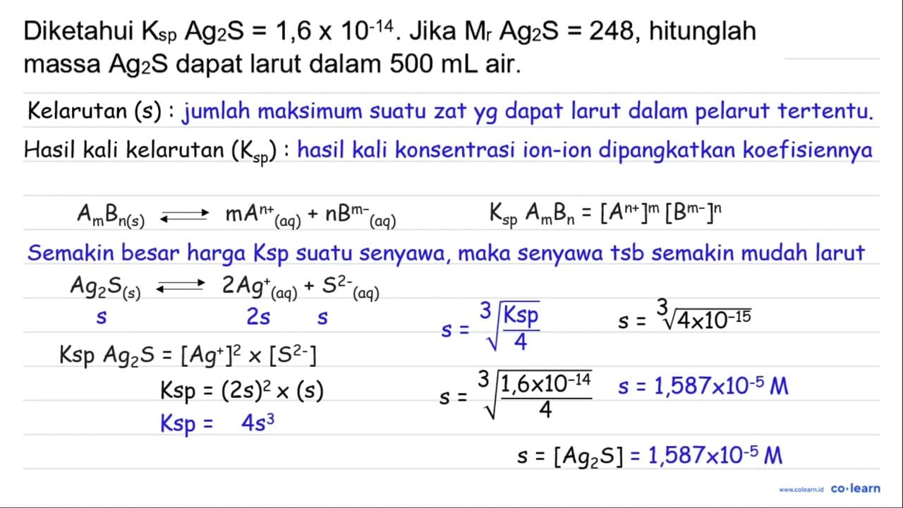 Diketahui K_(sp) Ag S_(2) ~S=1,6 x 10^(-14) . Jika Mr_(r)