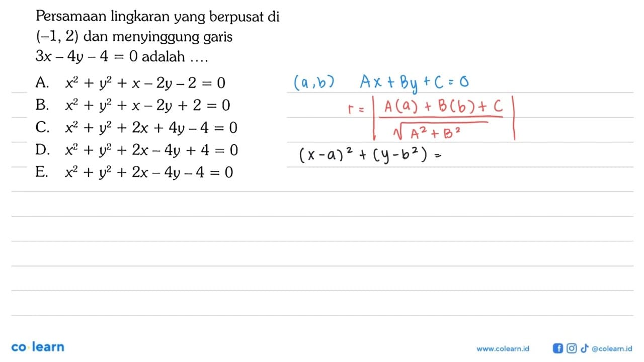 Persamaan lingkaran yang berpusat di (-1,2) dan menyinggung