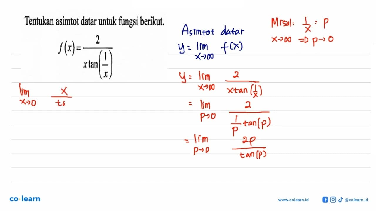 Tentukan asimtot datar untuk fungsi berikut. f(x)=2/(x