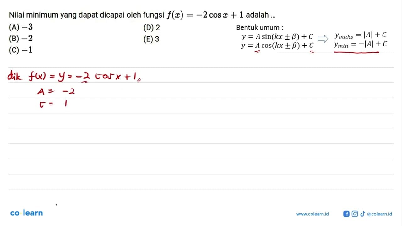 Nilai minimun yang dpaat dicapai oleh fungsi f(x)=-2cos x+1