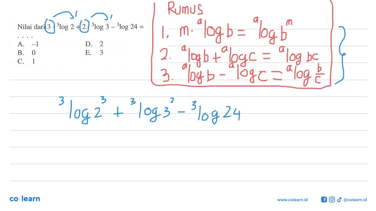 Nilai dari 3. 3log 2+2. 3log 3- 3log 24=