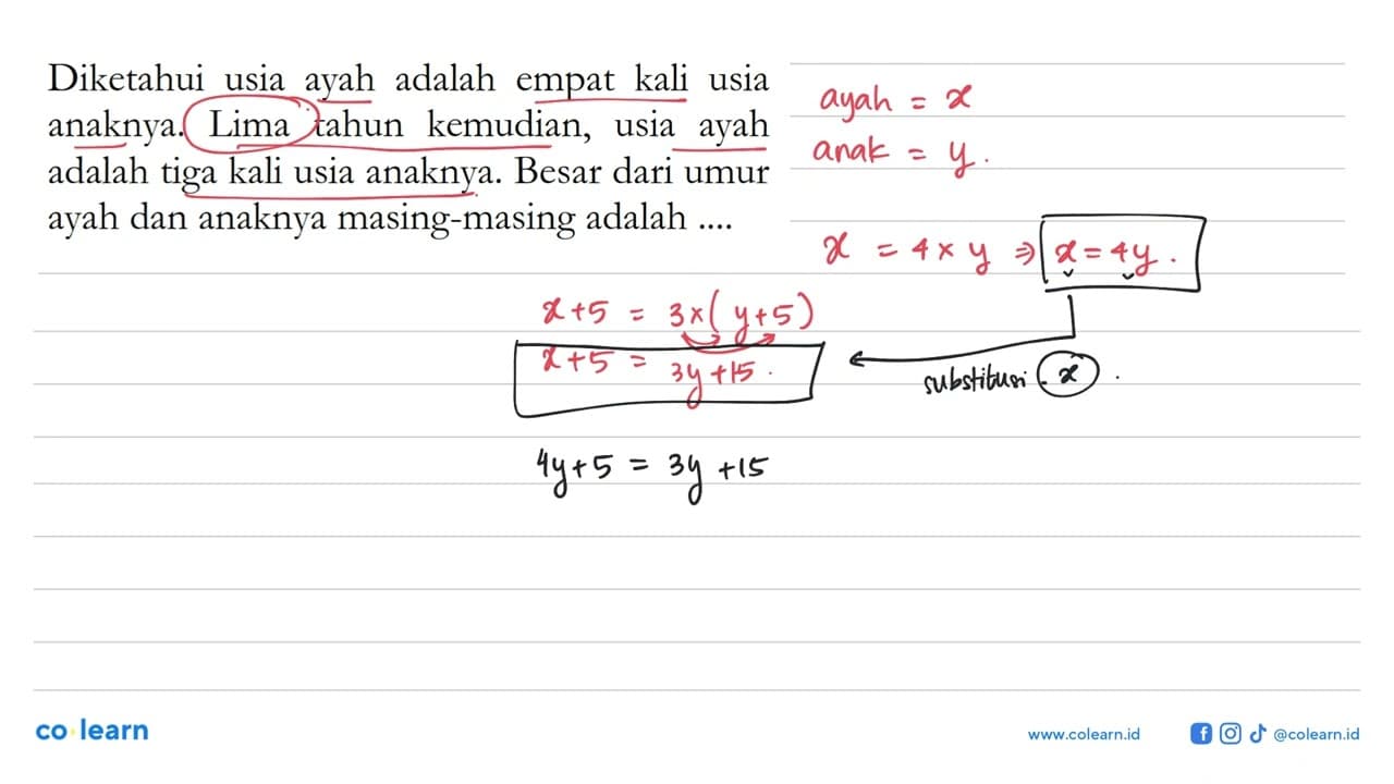 Diketahui usia ayah adalah empat kali usia anaknya. Lima