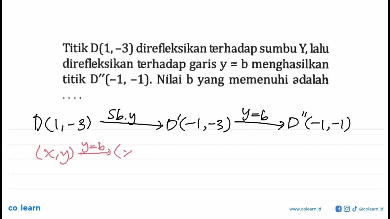 Titik D(1,-3) direfleksikan terhadap sumbu Y lalu