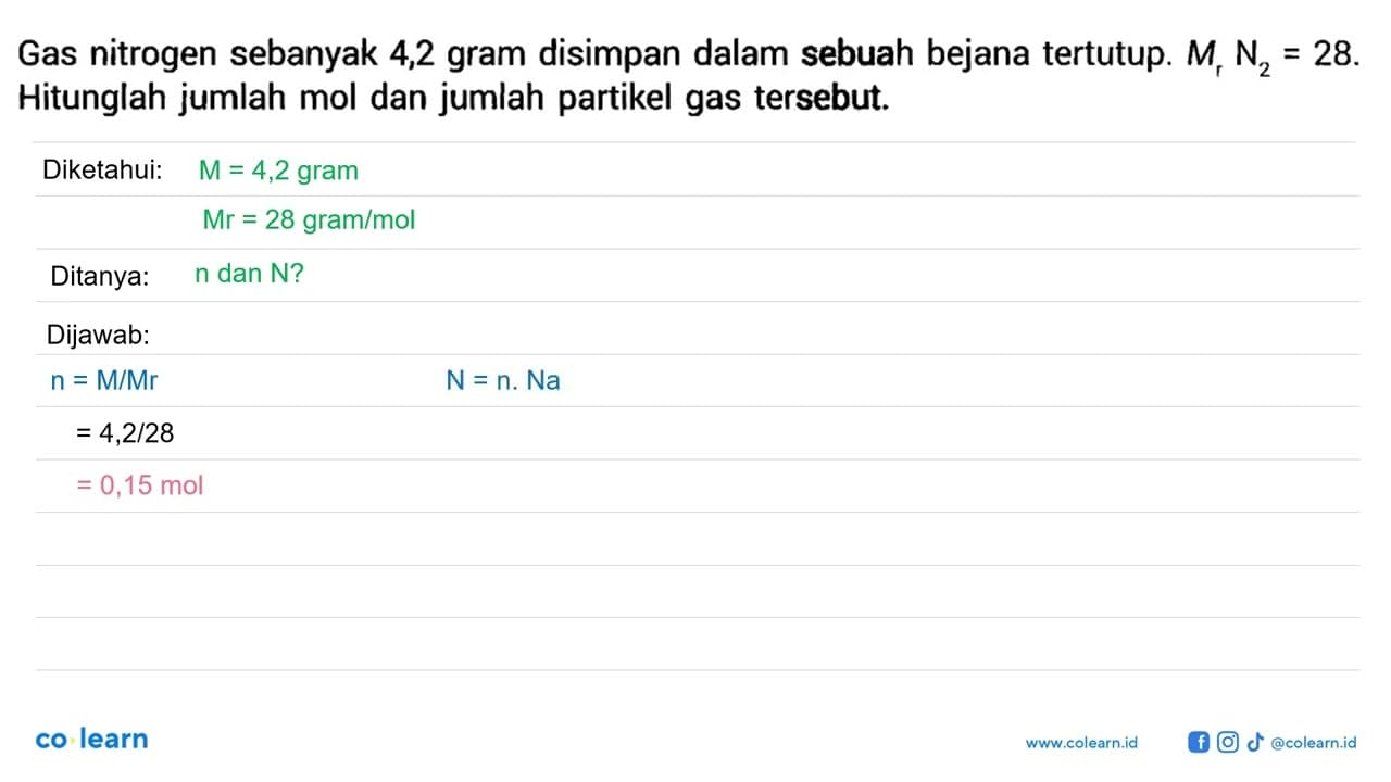 Gas nitrogen sebanyak 4,2 gram disimpan dalam sebuah bejana