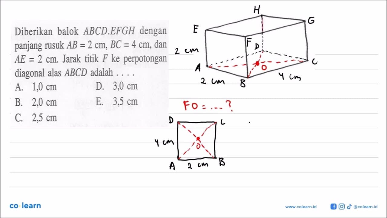 Diberikan balok ABCD.EFGH dengan panjang rusuk AB=2 cm,