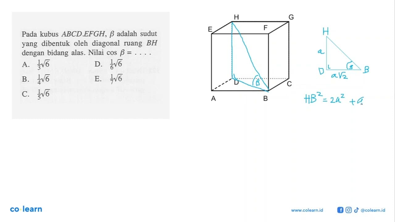 Pada kubus ABCD.EFGH, beta adalah sudut yang dibentuk oleh