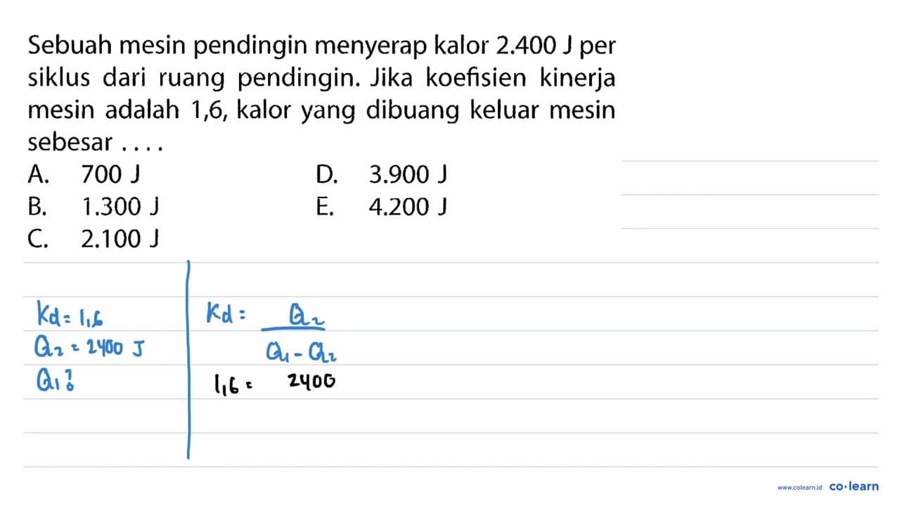 Sebuah mesin pendingin menyerap kalor 2.400 J per siklus