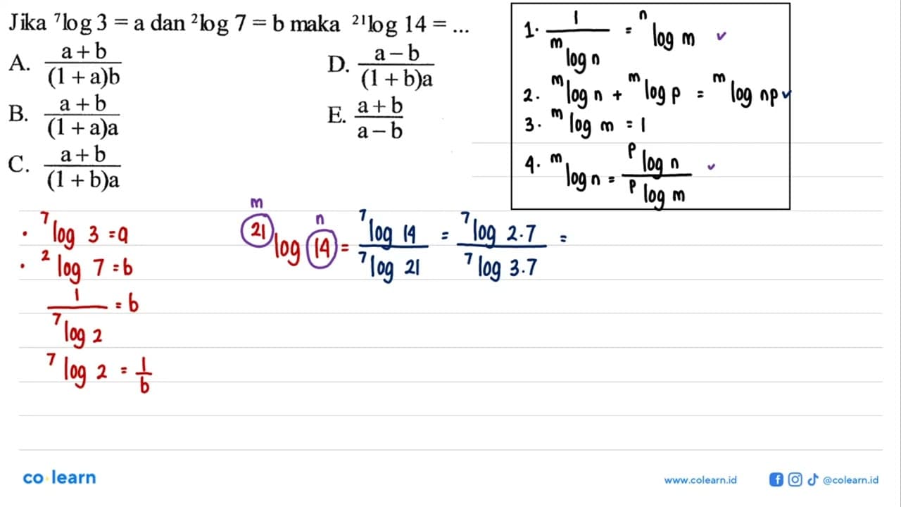 Jika 7 log 3=a dan 2 log 7=b maka 21 log 14=...