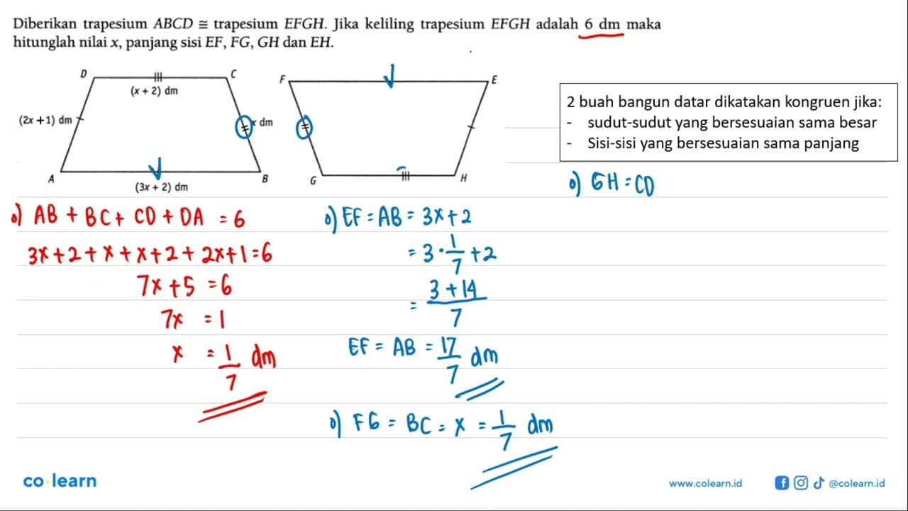 Diberikan trapesium ABCD kongruen trapesium EFGH. Jika