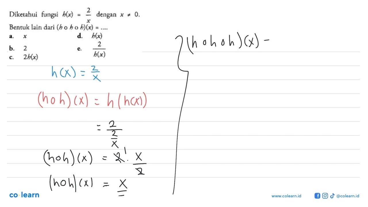 Diketahui fungsi h(x)=2/x dengan x=/=0. Bentuk lain dari