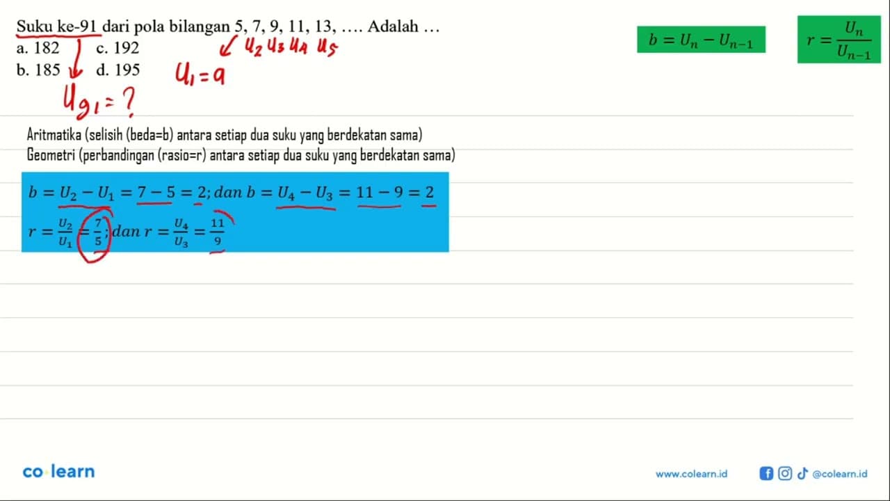 Suku ke-91 dari pola bilangan 5, 7, 9, 11, 13, .... Adalah