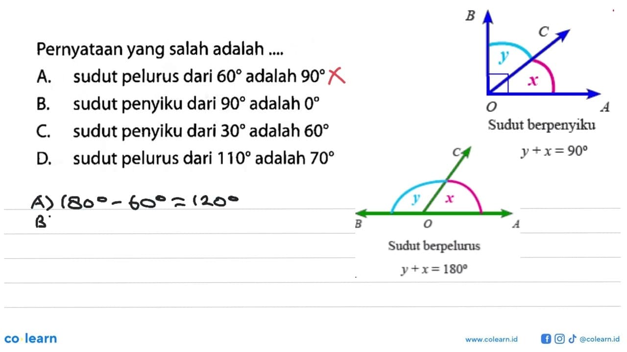 Pernyataan yang salah adalah .....A. sudut pelurus dari 60