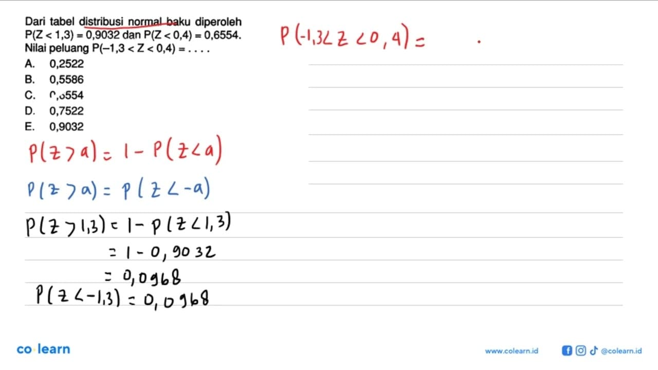 Dari tabel distribusi normal baku diperoleh P(Z<1,3)=0,9032