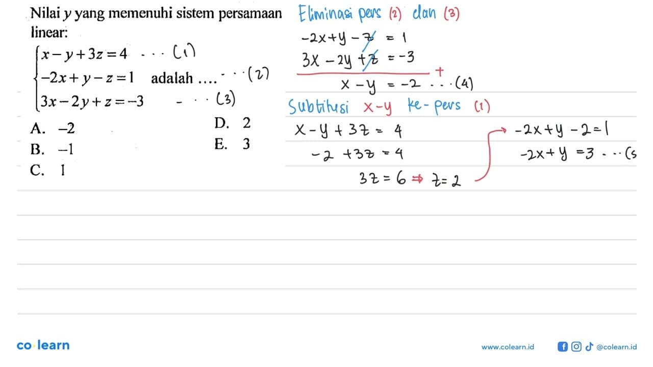 Nilai y yang memenuhi sistem persamaan linear: x-y+3z=4