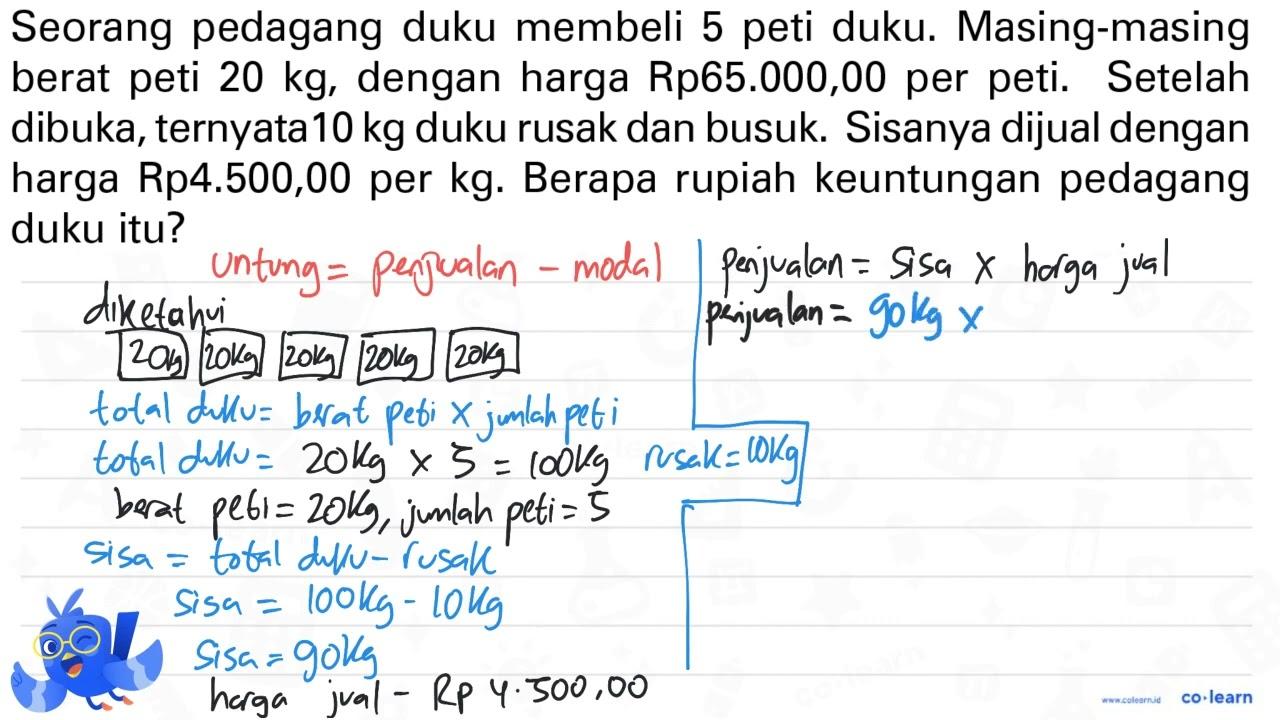 Seorang pedagang duku membeli 5 peti duku. Masing-masing