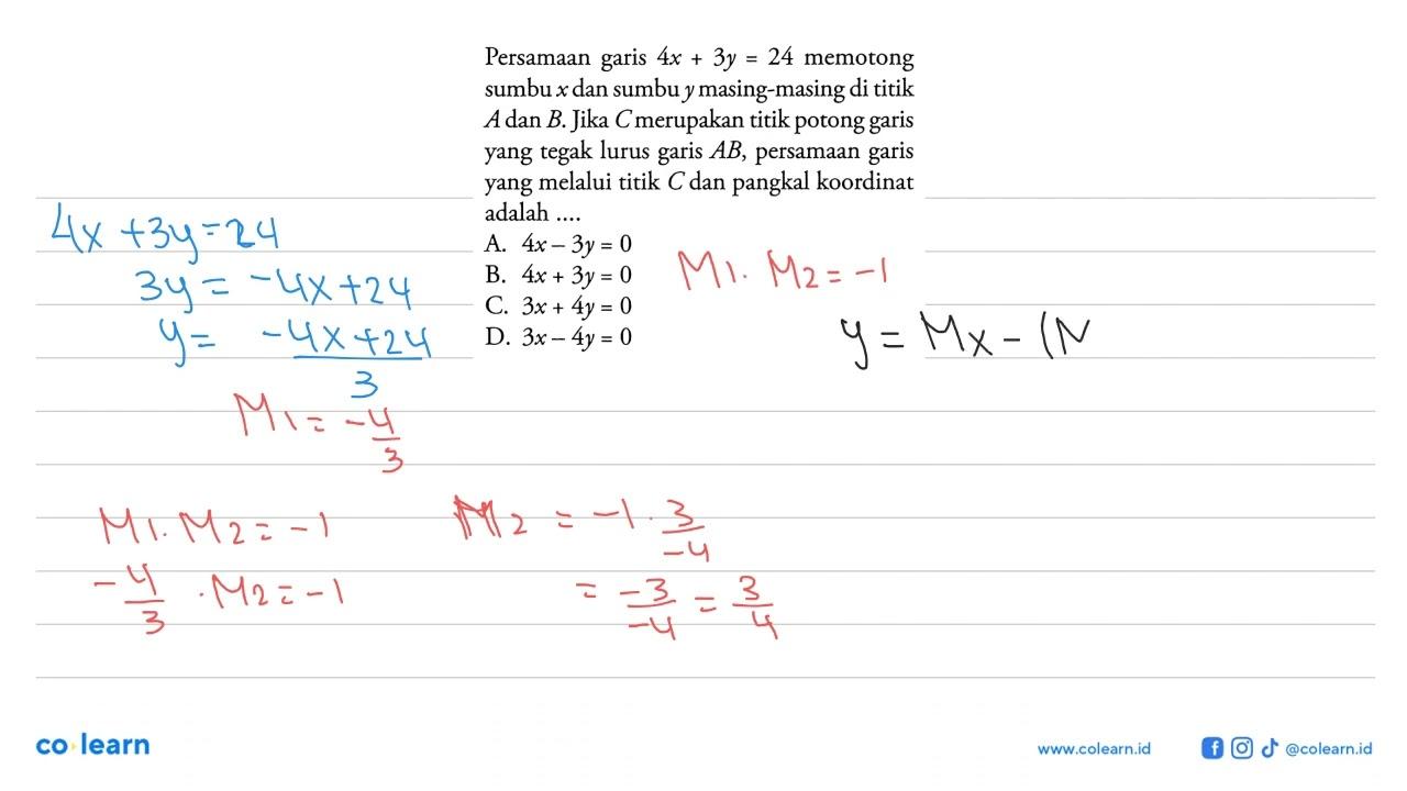 Persamaan garis 4x + 3y = 24 memotong sumbu x dan sumbu y