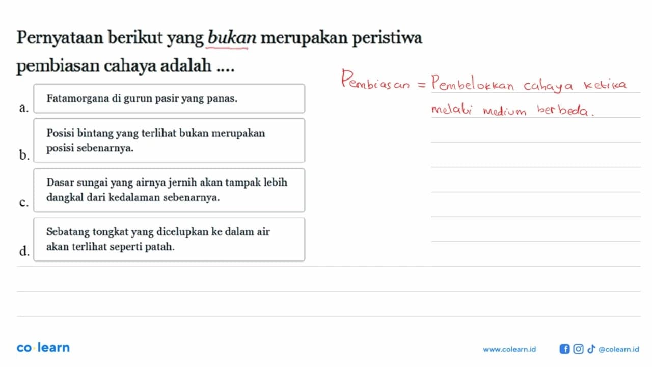 Pernyataan berikut yang bukan merupakan peristiwa pembiasan