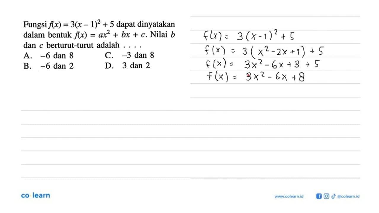 Fungsi fx) = 3(x - 1)^2 + 5 dapat dinyatakan dalam bentuk